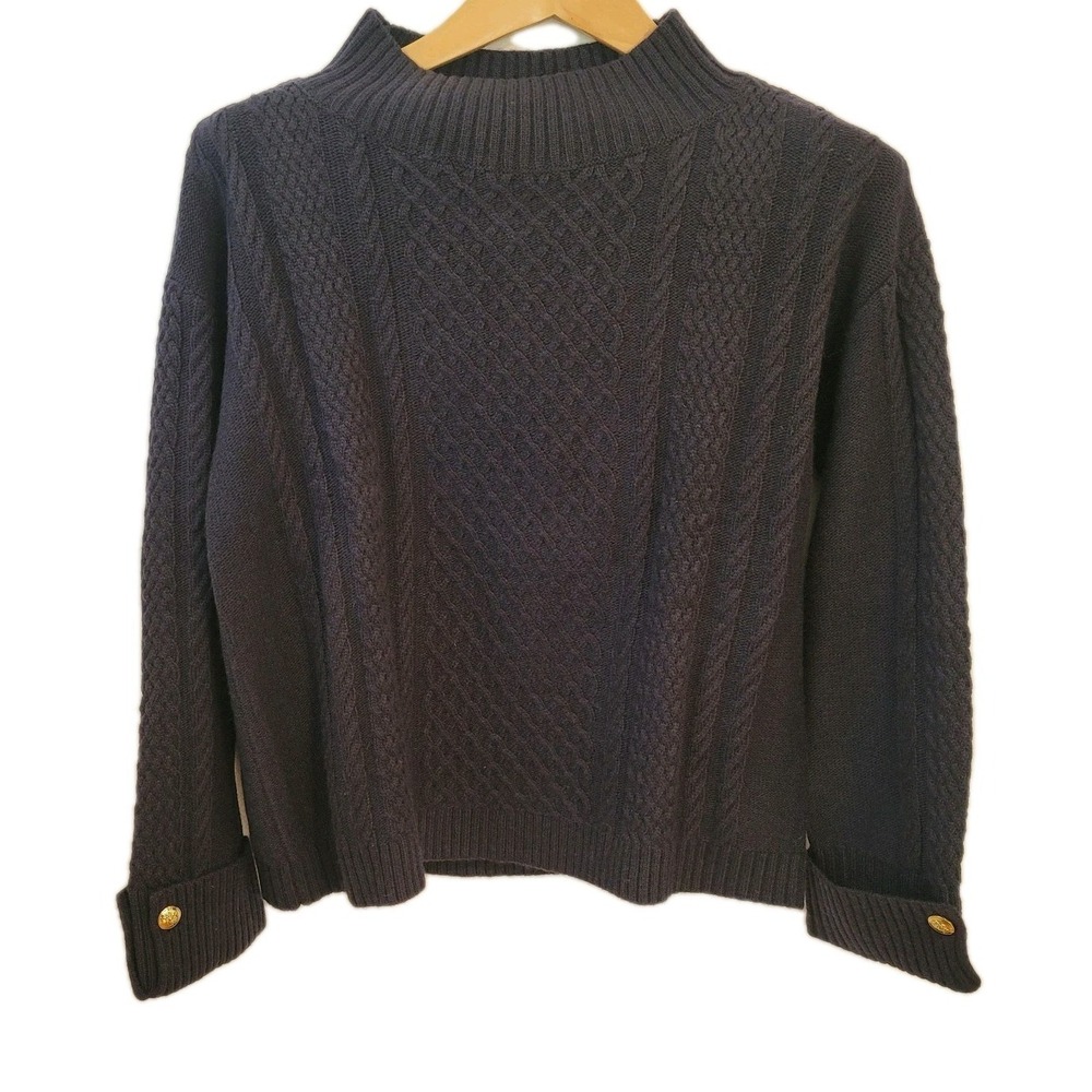 Talbots Sweater Womens M Navy Blue 3D Cable Knit Mock Neck Fisherman NWT Winter